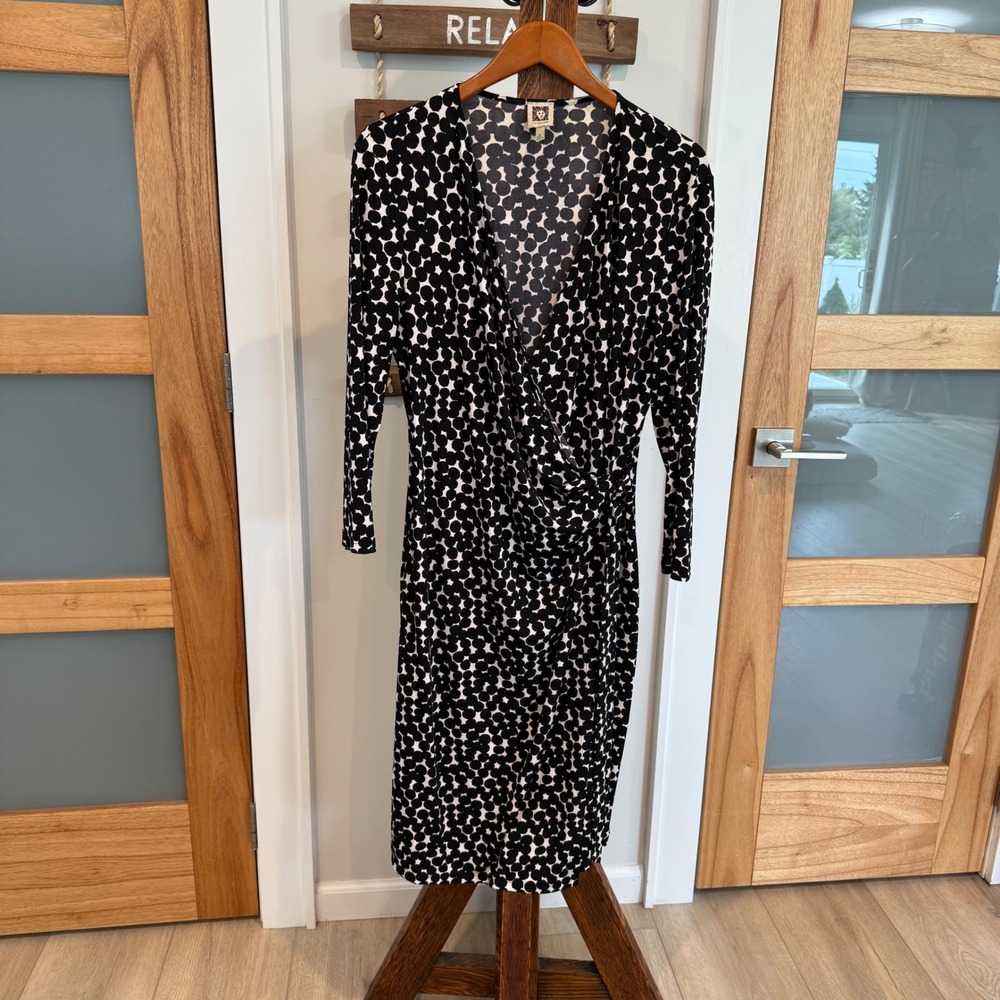 Anne Klein Black White Polka Dot Career Faux Wrap MIDI Dress Long Sleeve XL EUC
